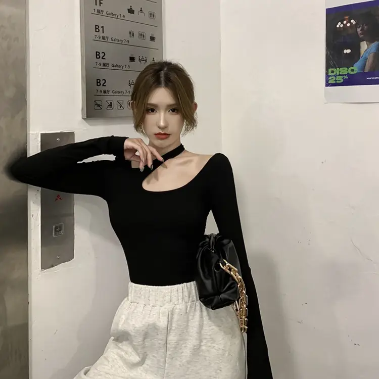 2025 Grey Halter Neck Long Sleeve T-Shirt for Women — feature 6