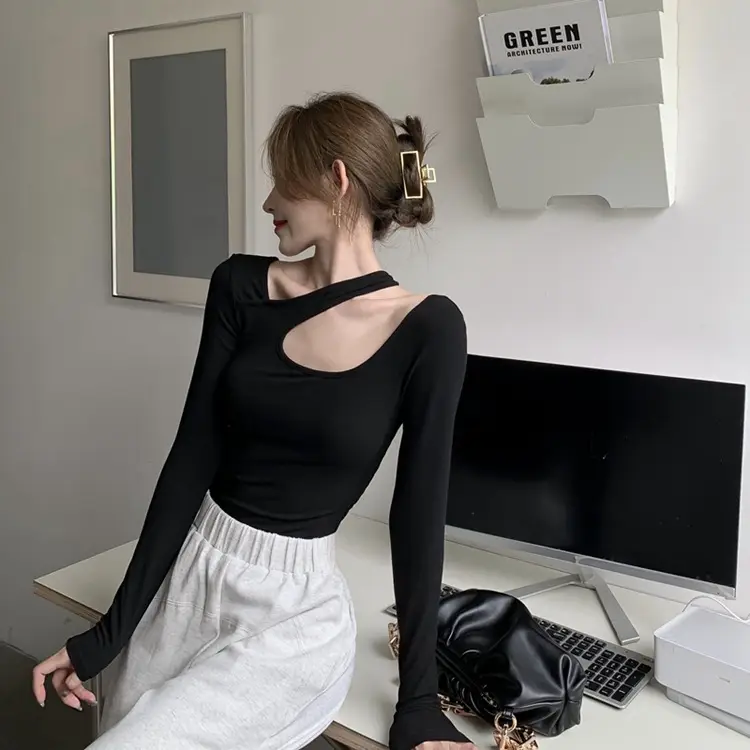 2025 Grey Halter Neck Long Sleeve T-Shirt for Women — feature 7