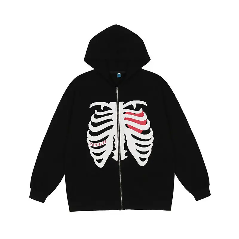 Women's Blue Skull Print Hooded Zipper Coat - Image 6