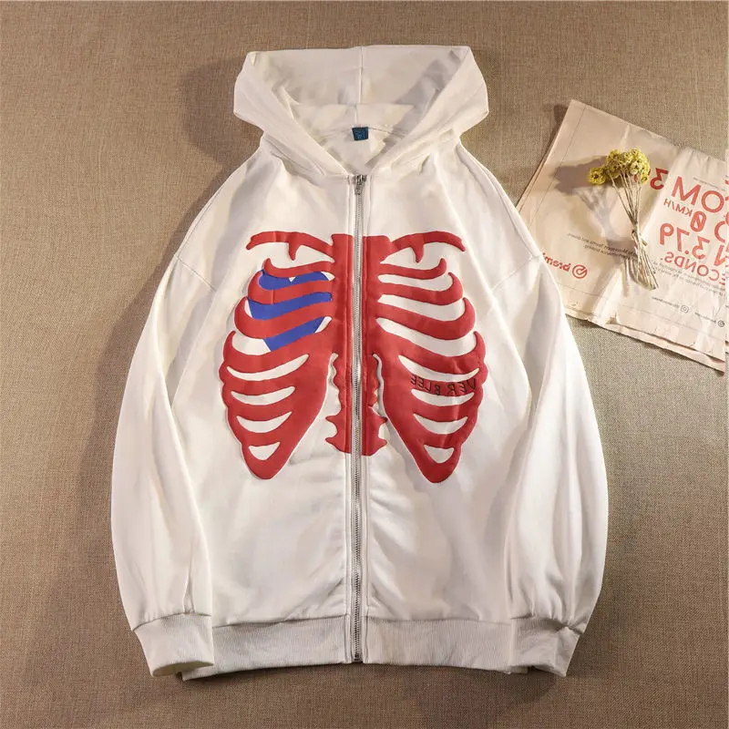 Women's Blue Skull Print Hooded Zipper Coat — feature 11