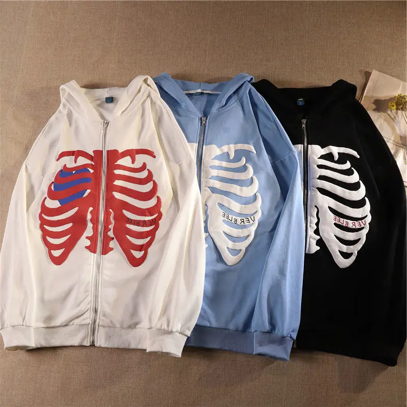 Women's Blue Skull Print Hooded Zipper Coat — feature 4
