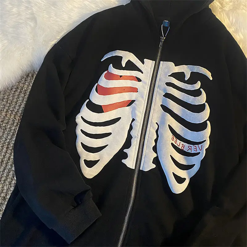 Women's Blue Skull Print Hooded Zipper Coat — feature 7