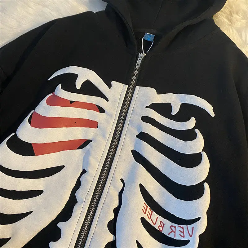 Women's Blue Skull Print Hooded Zipper Coat — feature 8