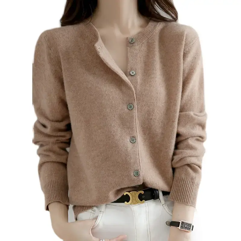 Women Red Crewneck Worsted Wool Cardigan Long Sleeve Single Breasted - Image 20