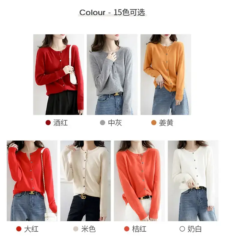 Women Red Crewneck Worsted Wool Cardigan Long Sleeve Single Breasted — feature 10