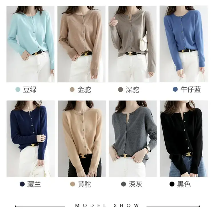 Women Red Crewneck Worsted Wool Cardigan Long Sleeve Single Breasted — feature 11
