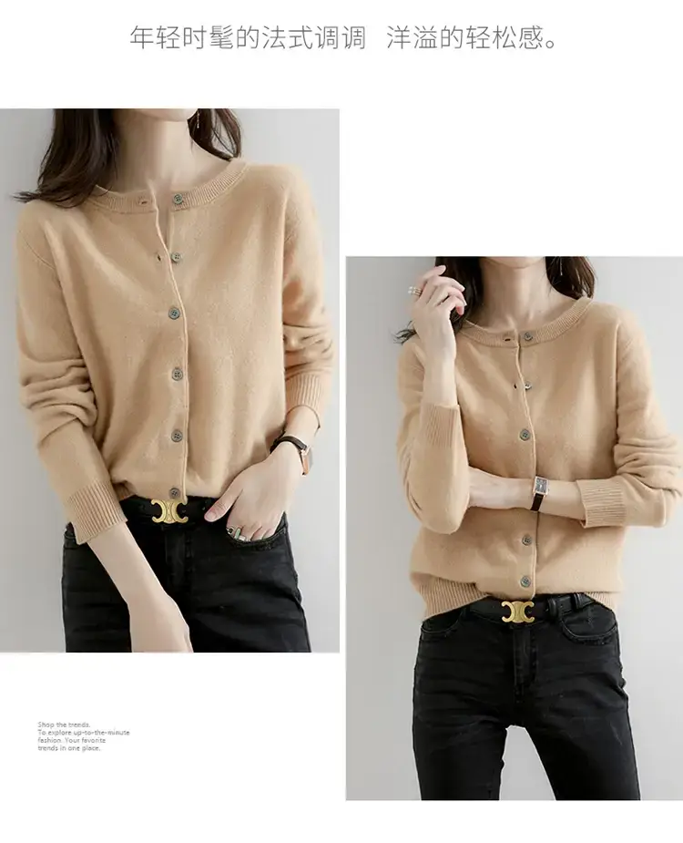 Women Red Crewneck Worsted Wool Cardigan Long Sleeve Single Breasted — feature 13