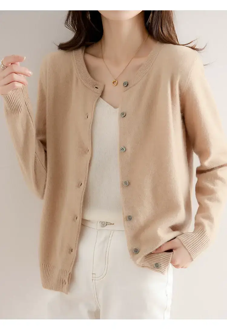 Women Red Crewneck Worsted Wool Cardigan Long Sleeve Single Breasted — feature 14