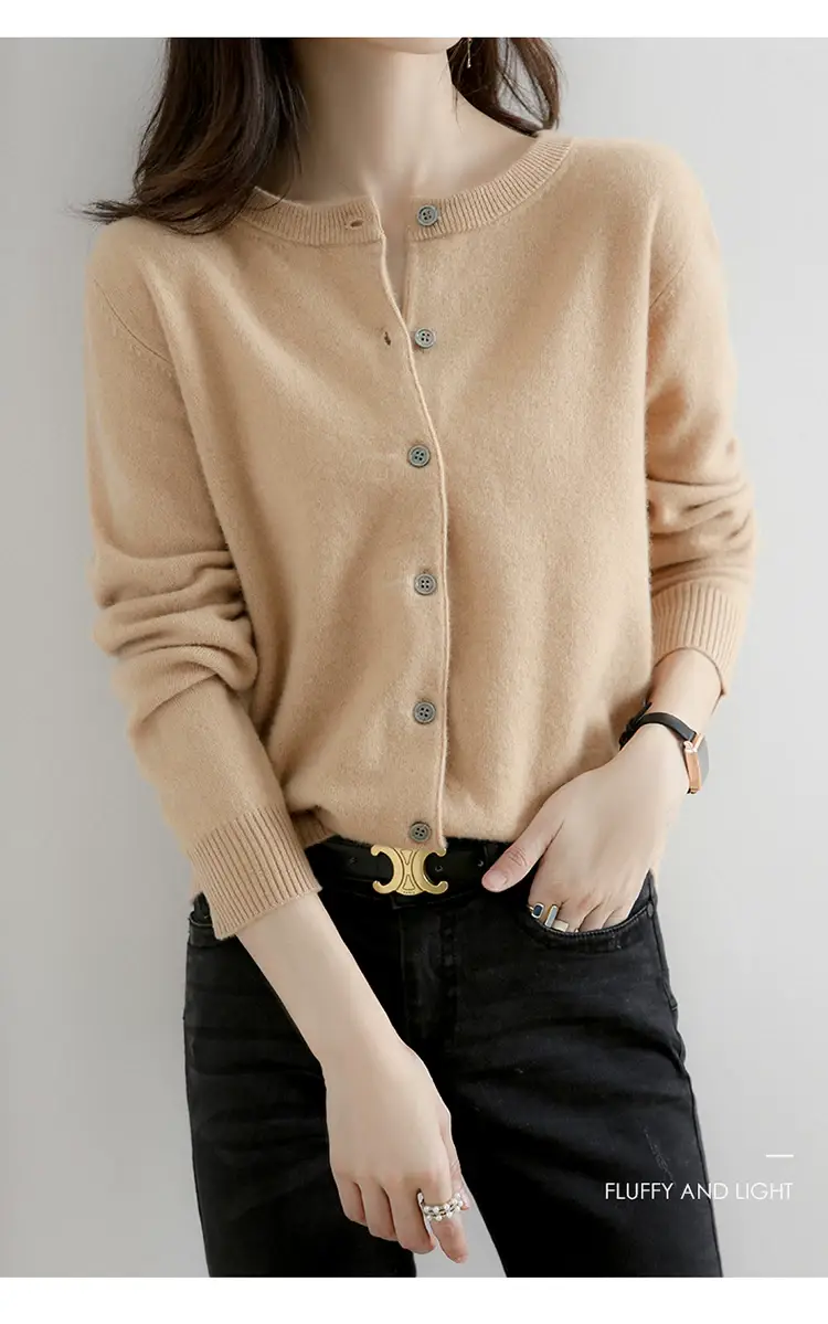 Women Red Crewneck Worsted Wool Cardigan Long Sleeve Single Breasted — feature 2