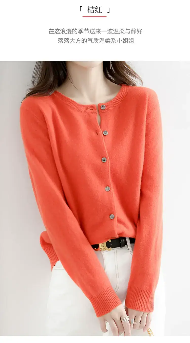 Women Red Crewneck Worsted Wool Cardigan Long Sleeve Single Breasted — feature 21