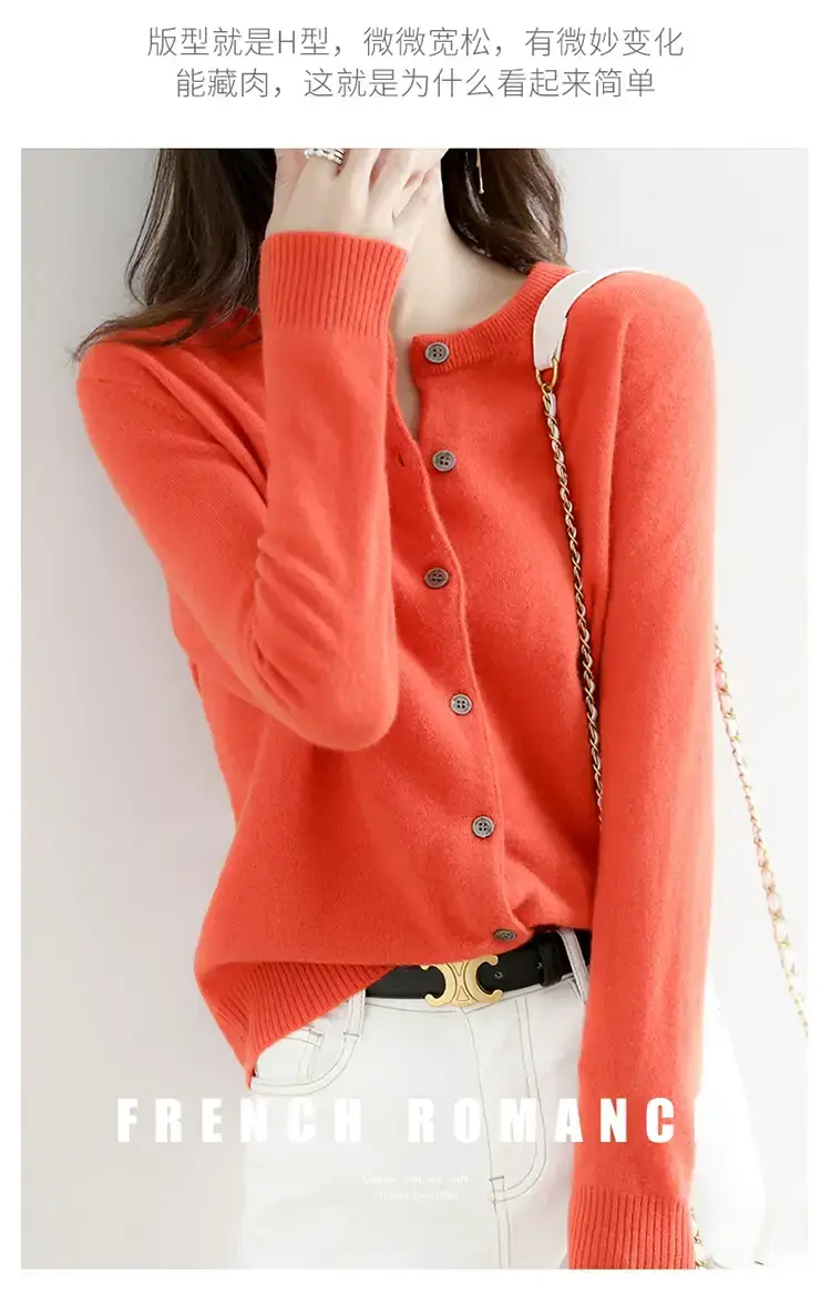 Women Red Crewneck Worsted Wool Cardigan Long Sleeve Single Breasted — feature 22