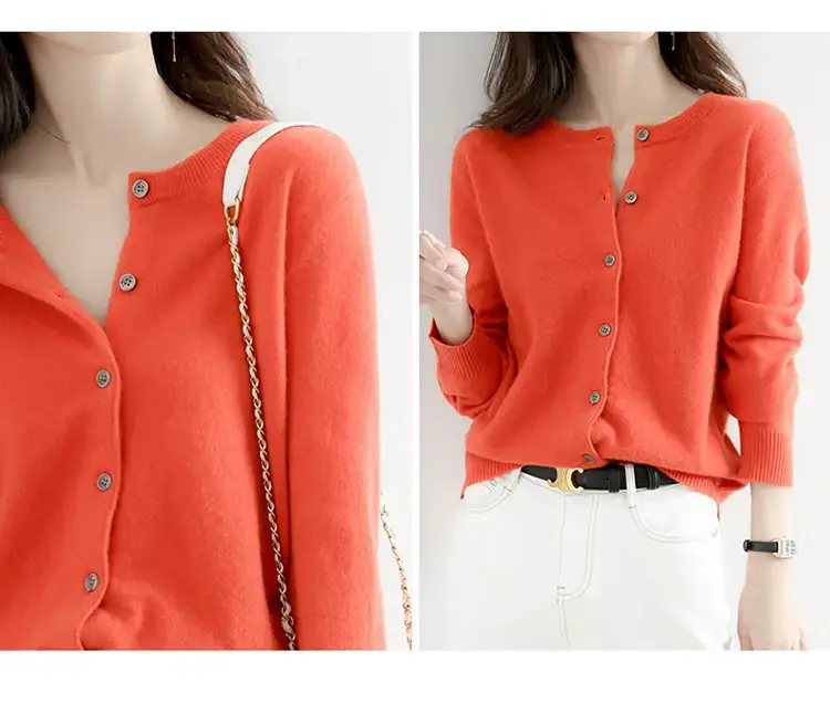Women Red Crewneck Worsted Wool Cardigan Long Sleeve Single Breasted — feature 23
