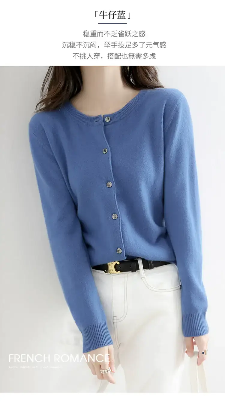 Women Red Crewneck Worsted Wool Cardigan Long Sleeve Single Breasted — feature 24
