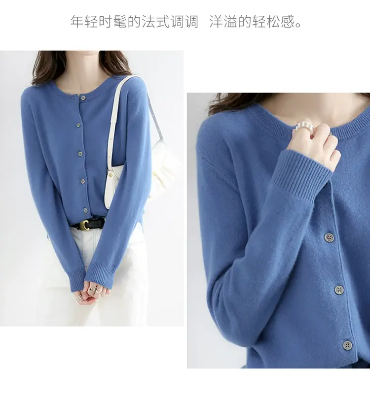 Women Red Crewneck Worsted Wool Cardigan Long Sleeve Single Breasted — feature 25
