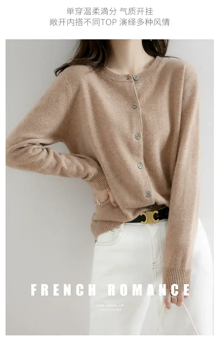 Women Red Crewneck Worsted Wool Cardigan Long Sleeve Single Breasted — feature 27
