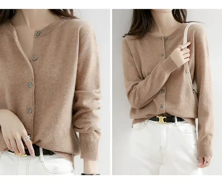 Women Red Crewneck Worsted Wool Cardigan Long Sleeve Single Breasted — feature 28