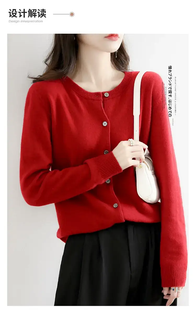 Women Red Crewneck Worsted Wool Cardigan Long Sleeve Single Breasted — feature 3