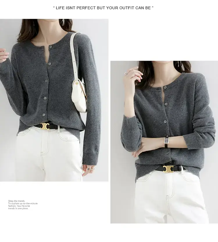 Women Red Crewneck Worsted Wool Cardigan Long Sleeve Single Breasted — feature 34