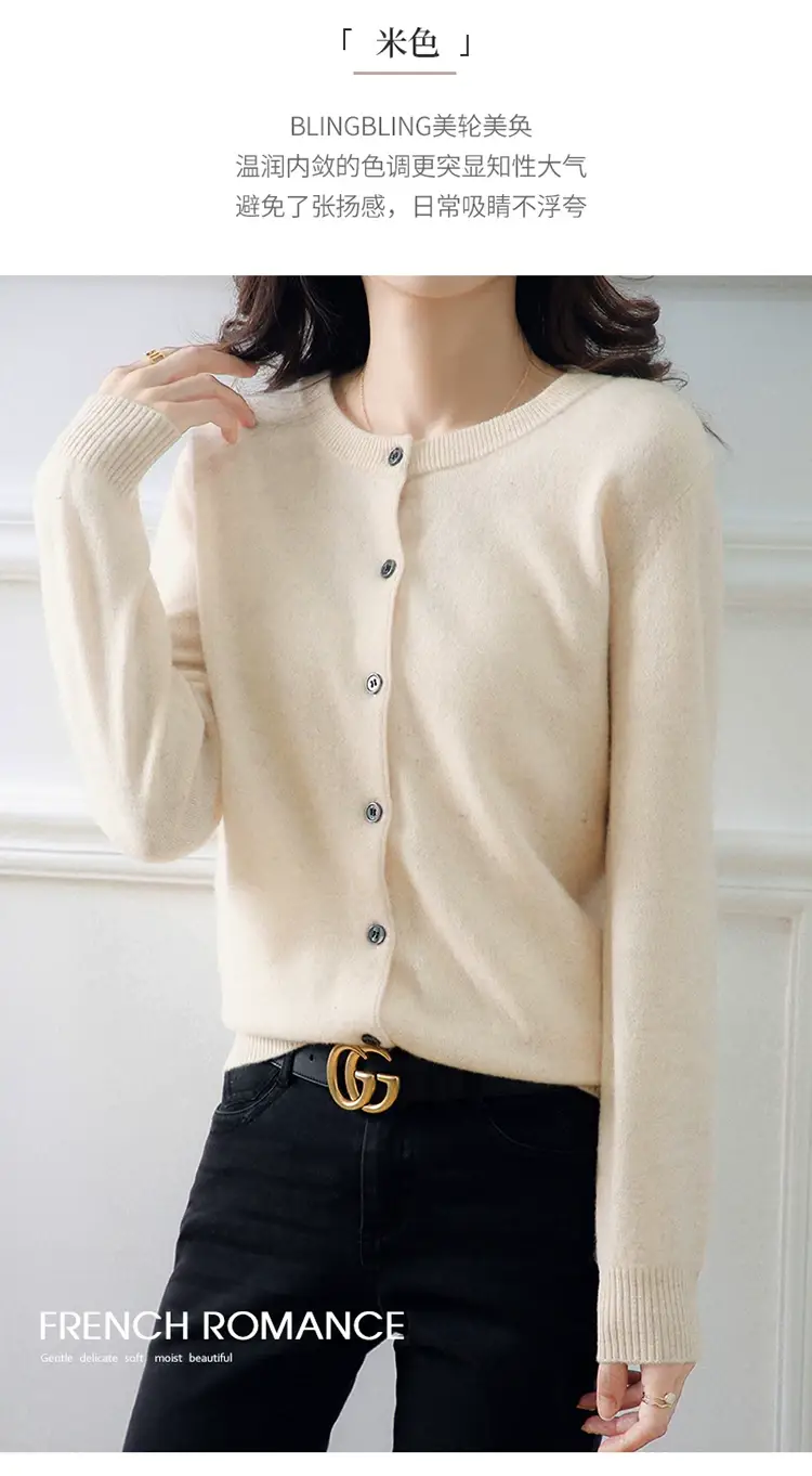 Women Red Crewneck Worsted Wool Cardigan Long Sleeve Single Breasted — feature 37