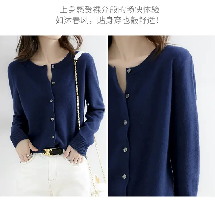 Women Red Crewneck Worsted Wool Cardigan Long Sleeve Single Breasted — feature 39