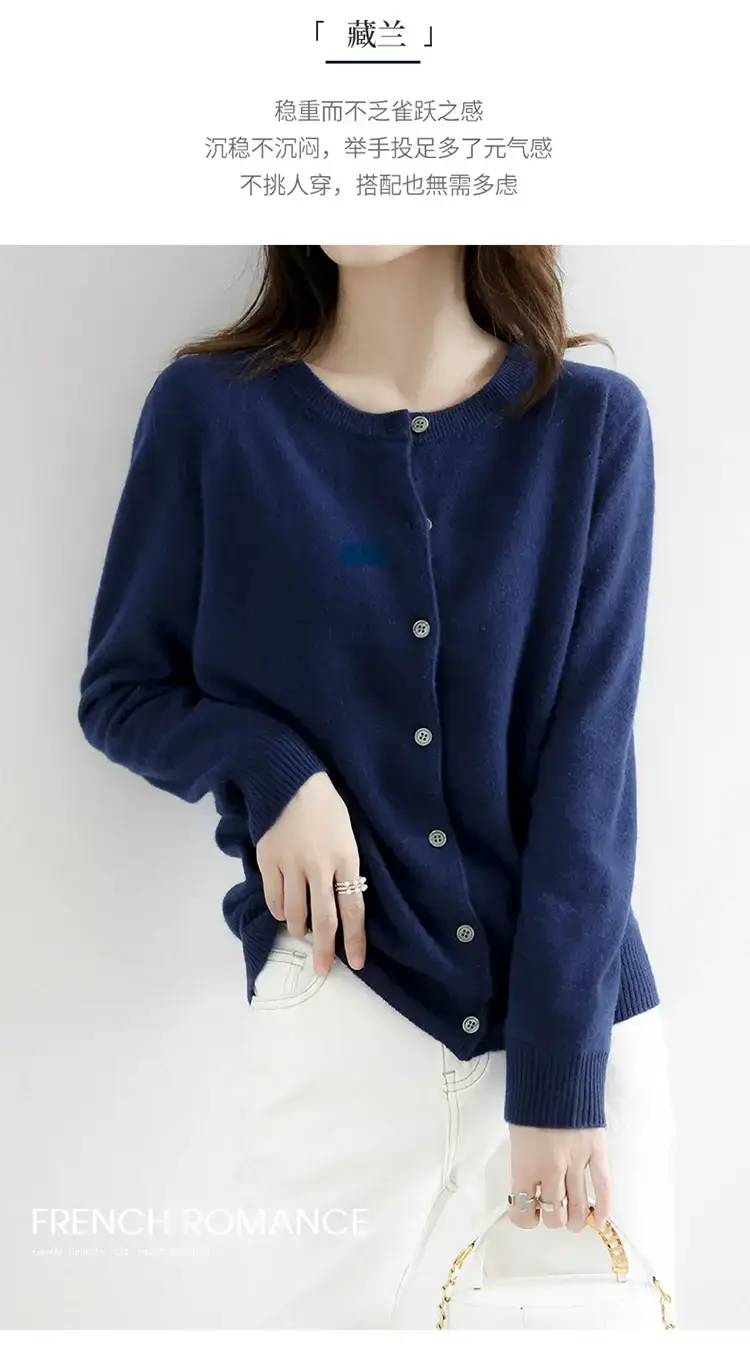 Women Red Crewneck Worsted Wool Cardigan Long Sleeve Single Breasted — feature 40