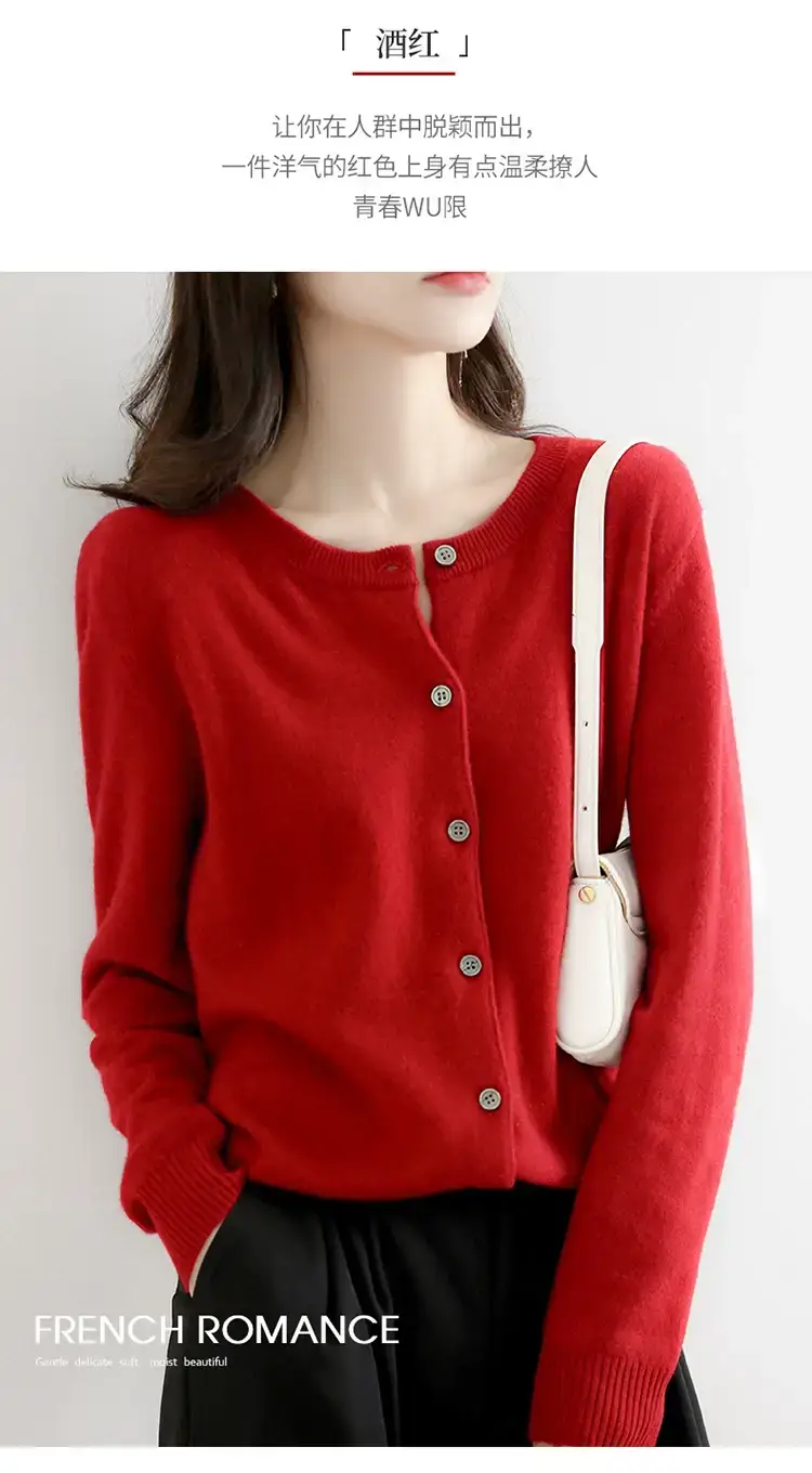 Women Red Crewneck Worsted Wool Cardigan Long Sleeve Single Breasted — feature 43