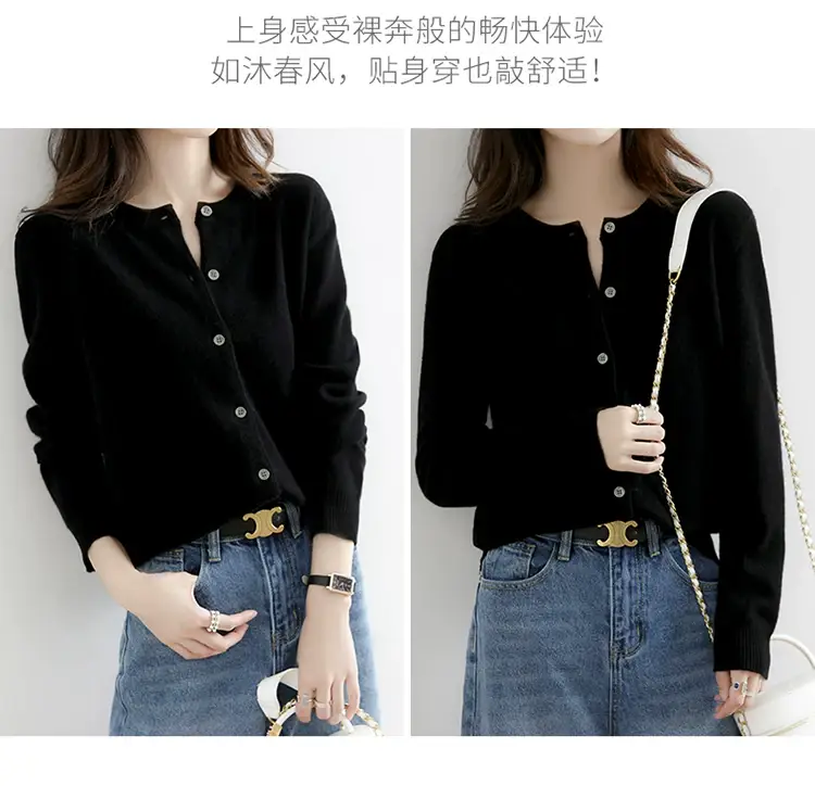 Women Red Crewneck Worsted Wool Cardigan Long Sleeve Single Breasted — feature 46
