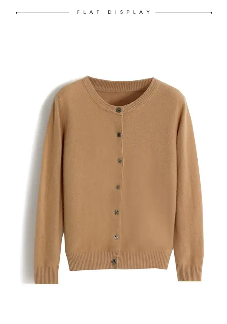 Women Red Crewneck Worsted Wool Cardigan Long Sleeve Single Breasted — feature 47