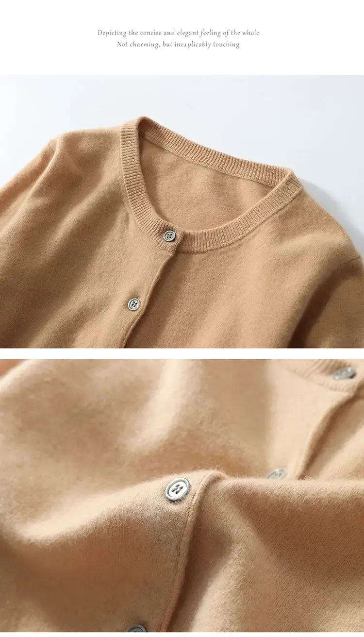 Women Red Crewneck Worsted Wool Cardigan Long Sleeve Single Breasted — feature 49