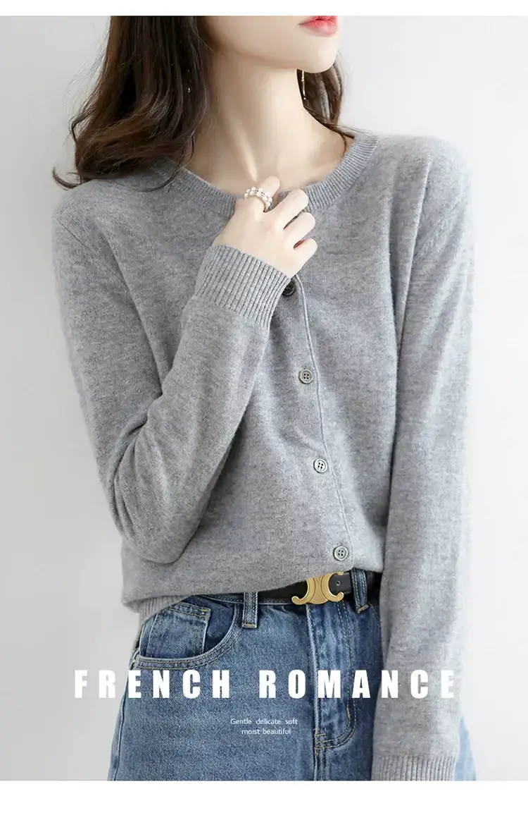 Women Red Crewneck Worsted Wool Cardigan Long Sleeve Single Breasted — feature 7