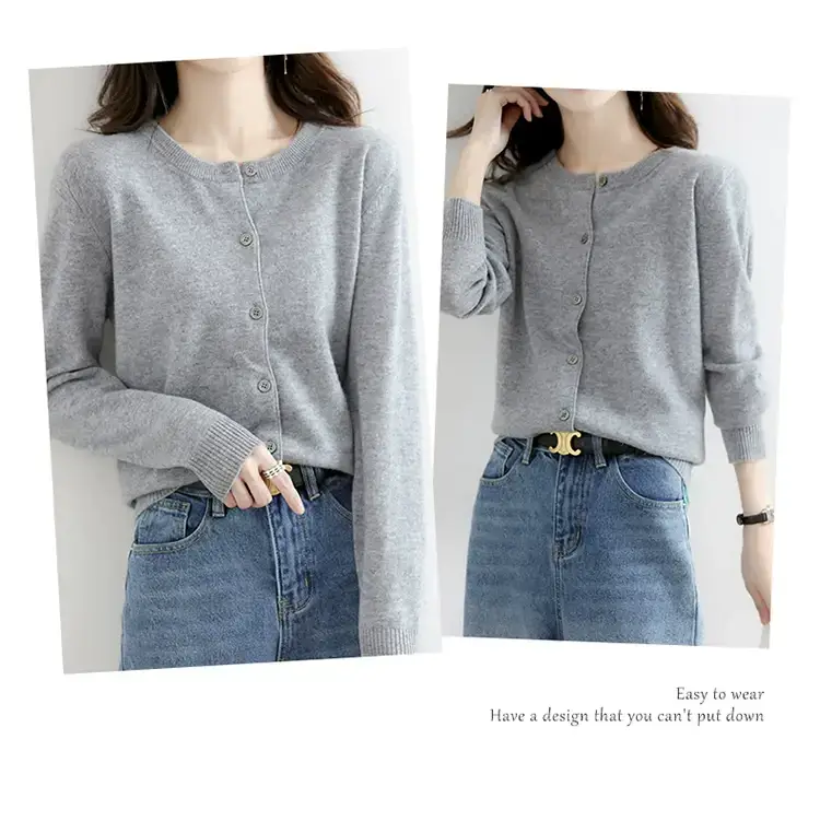 Women Red Crewneck Worsted Wool Cardigan Long Sleeve Single Breasted — feature 8