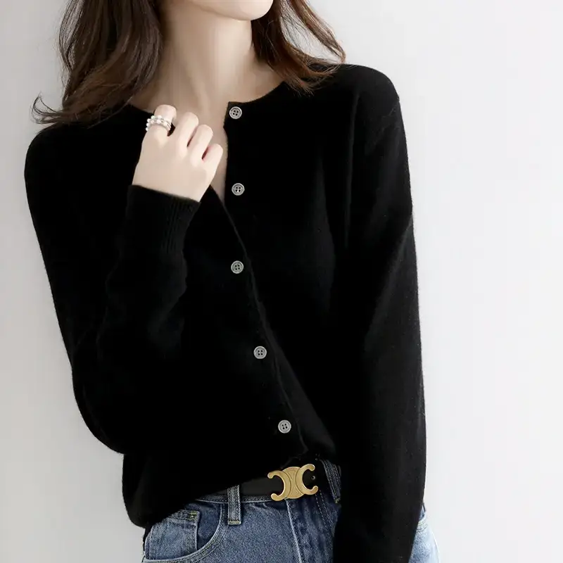 Women Red Crewneck Worsted Wool Cardigan Long Sleeve Single Breasted - Image 2
