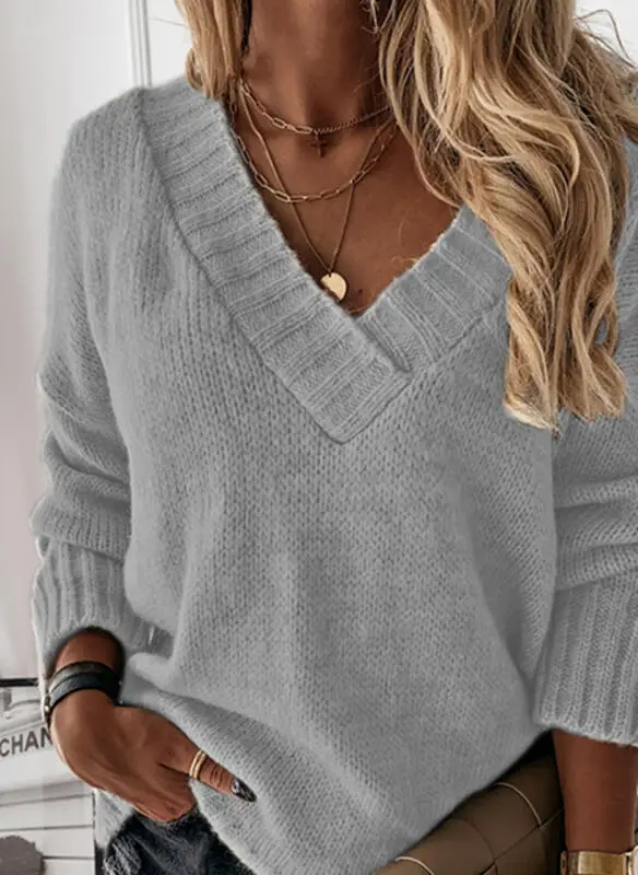 Women V-Neck Long Sleeve Sweater Top Beige 2024 - Image 6