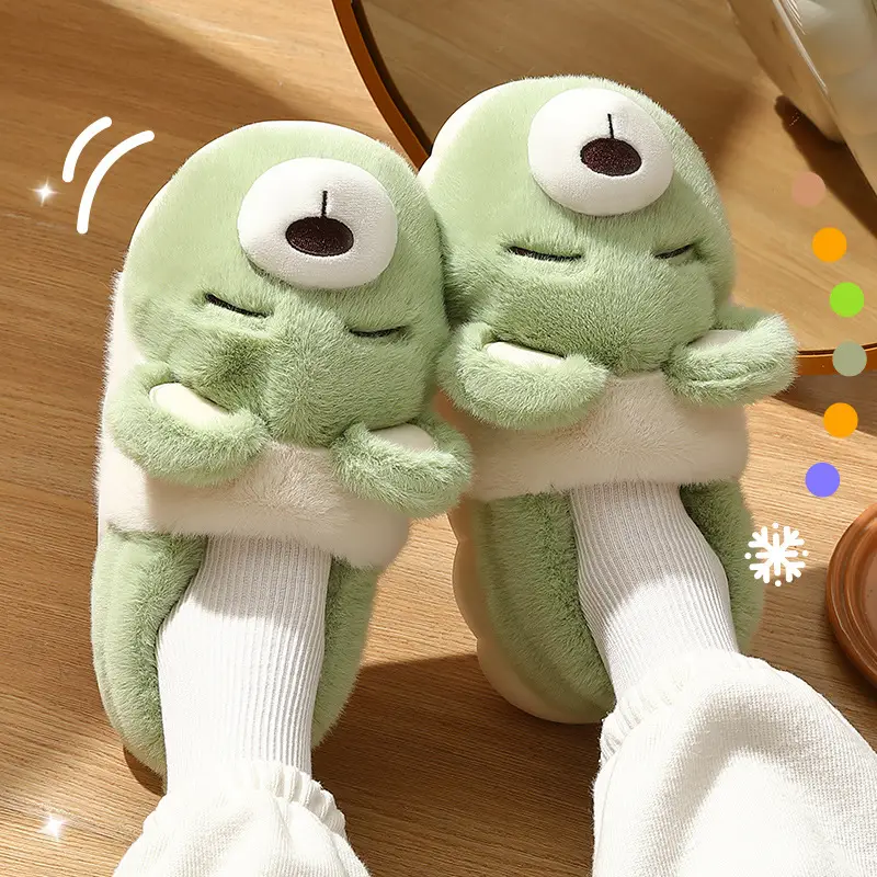 Women's Cartoon Bear Plush Slippers with Heel, Non-Slip Indoor Home Slippers, Men's Winter Thickened Warm and Comfortable Cotton Shoes