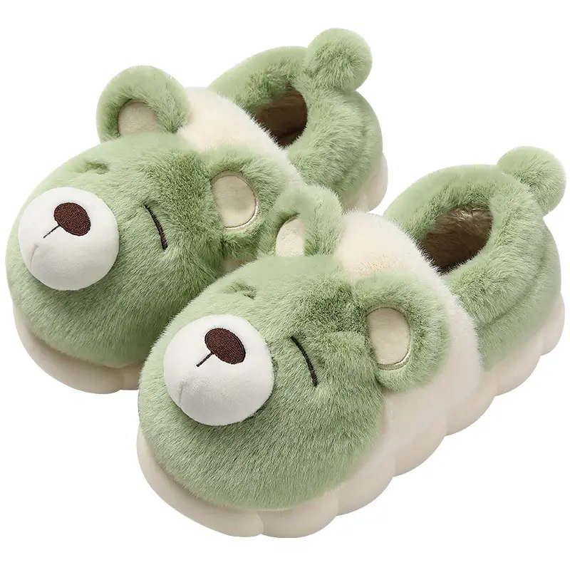 Women's Cartoon Bear Plush Slippers with Heel, Non-Slip Indoor Home Slippers, Men's Winter Thickened Warm and Comfortable Cotton Shoes