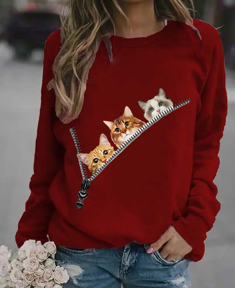 Women's Black Cat Printed Crewneck Sweater - Image 10