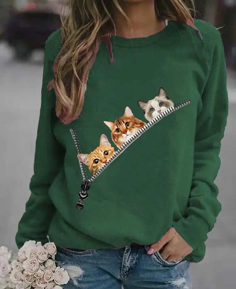 Women's Black Cat Printed Crewneck Sweater - Image 11