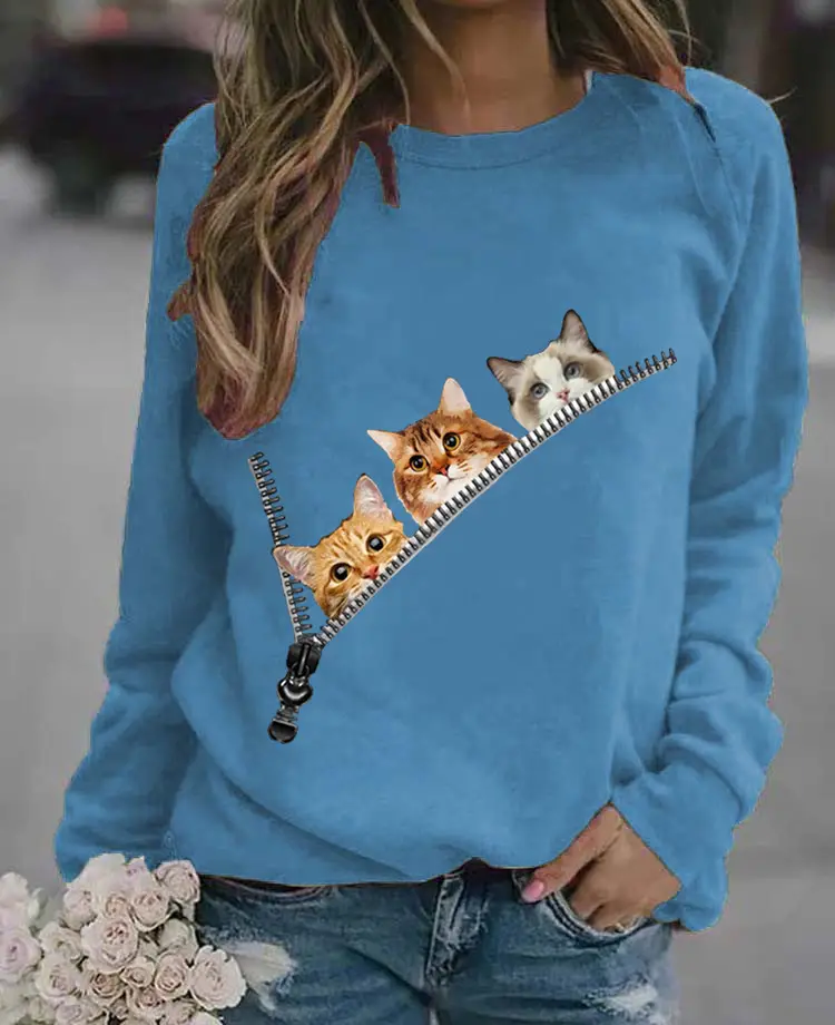 Women's Black Cat Printed Crewneck Sweater - Image 12