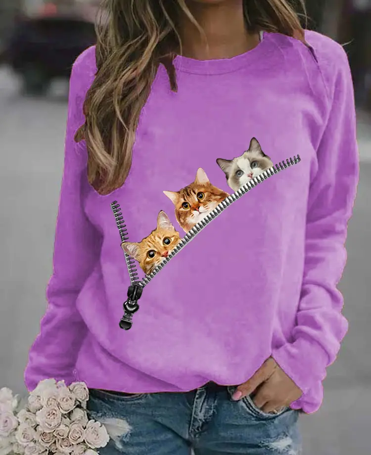 Women's Black Cat Printed Crewneck Sweater - Image 13