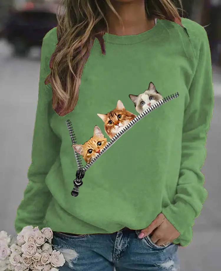 Women's Black Cat Printed Crewneck Sweater - Image 14