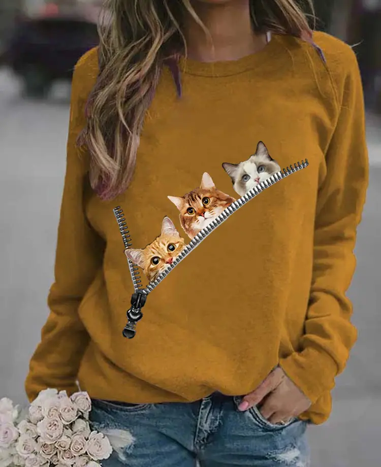 Women's Black Cat Printed Crewneck Sweater - Image 2
