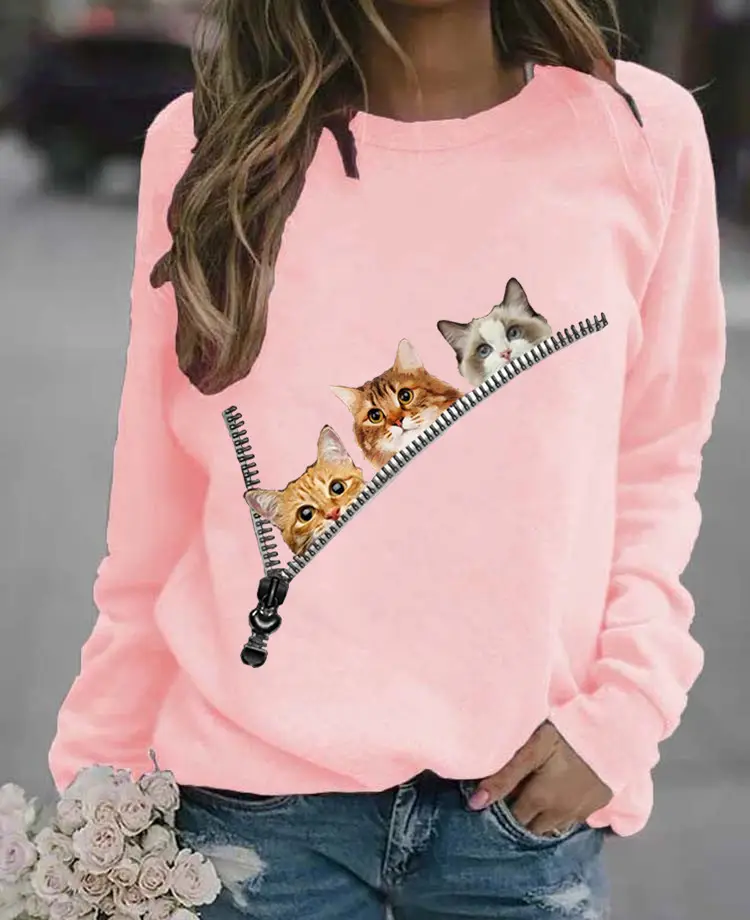 Women's Black Cat Printed Crewneck Sweater - Image 3