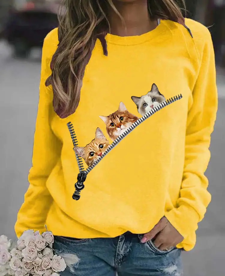 Women's Black Cat Printed Crewneck Sweater - Image 4