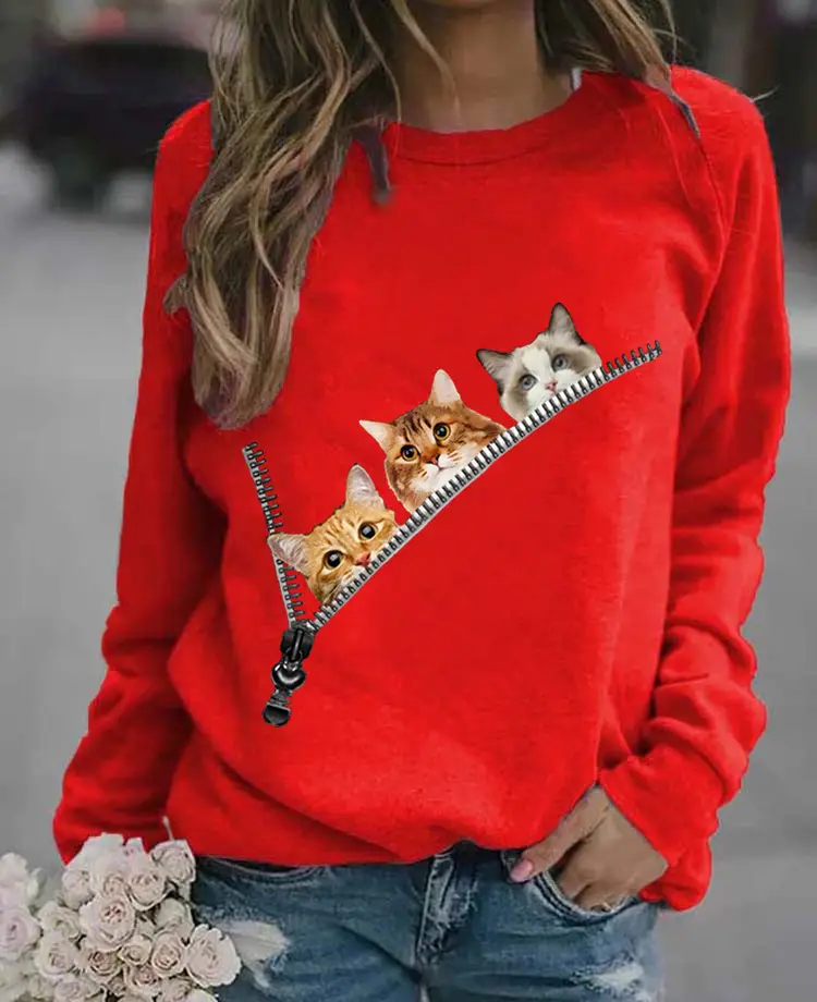Women's Black Cat Printed Crewneck Sweater - Image 5