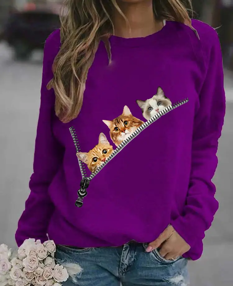 Women's Black Cat Printed Crewneck Sweater - Image 6