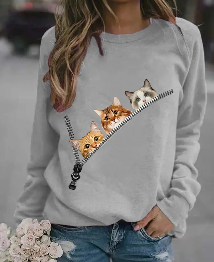 Women's Black Cat Printed Crewneck Sweater - Image 7