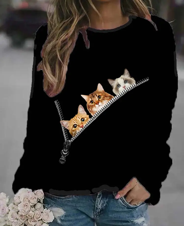 Women's Black Cat Printed Crewneck Sweater - Image 9