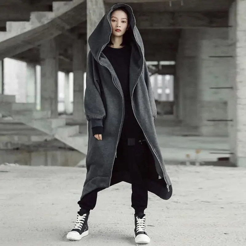 2023 Hooded Zipper Coat Black Long Plus Velvet - Image 6