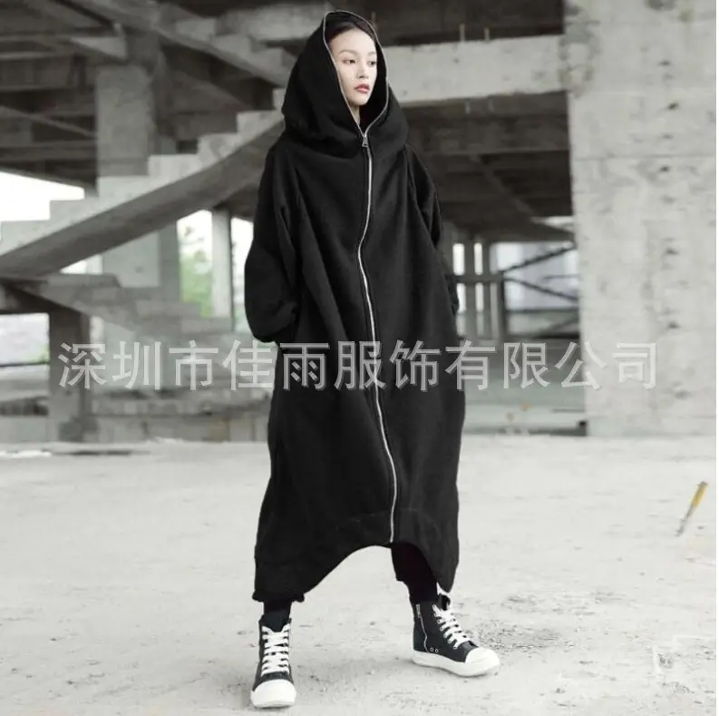 2023 Hooded Zipper Coat Black Long Plus Velvet - Image 2
