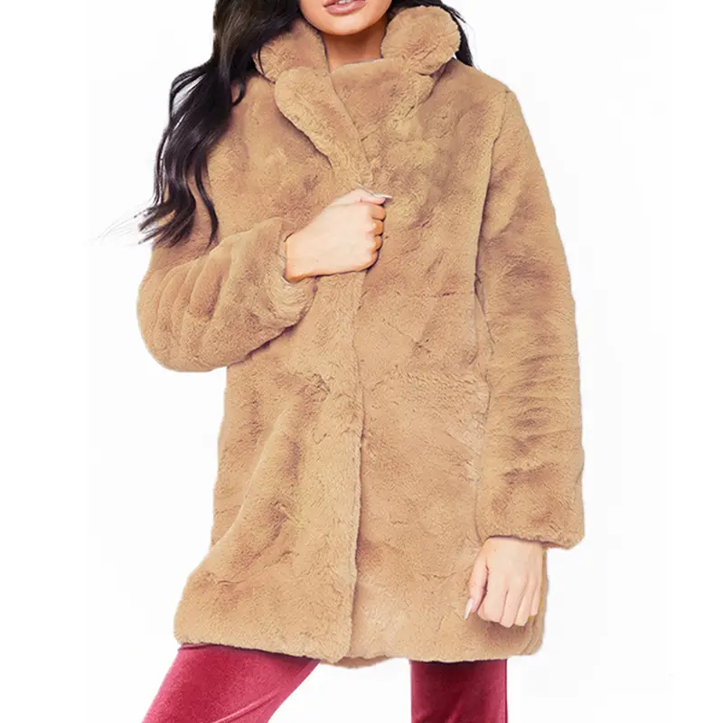 Women's 2023 Faux Fur Lapel Coat Tan Long Sleeve